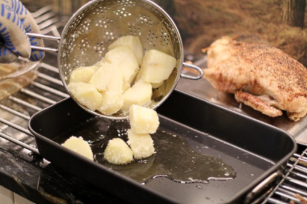 Add potatoes to roasting tray then coat with duck fat