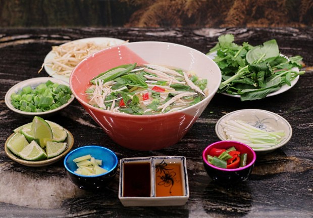 Home cooked Pho Ga surrounded with condiments