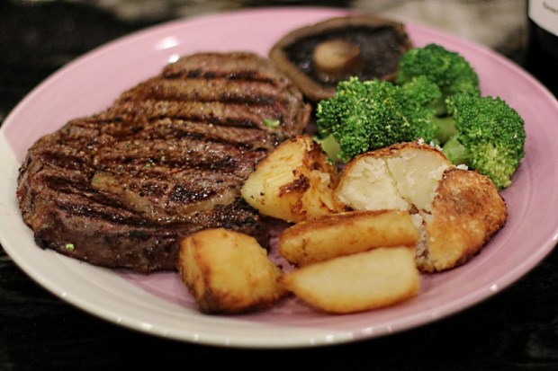 Rib eye steaks with duck 'n' dexter roast potatoes