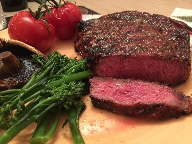 Rib-eye steak cooked for 8 minutes over direct heat.