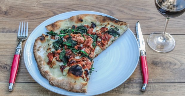 Moroccan lamb, goats cheese and spinach pizza