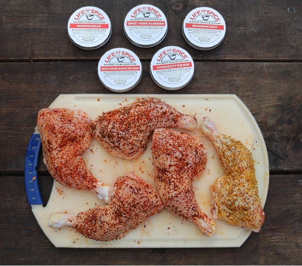 Chicken legs with each spice ready to be cooked