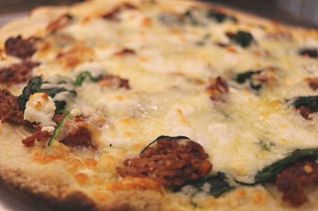 Moroccan lamb sausage pizza with shredded mozzarella on top