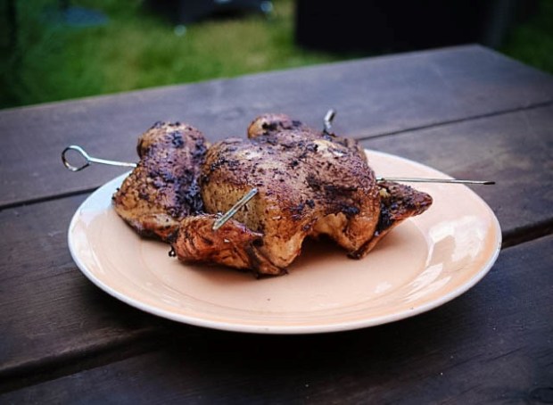 Skewers make it easy to move the chicken