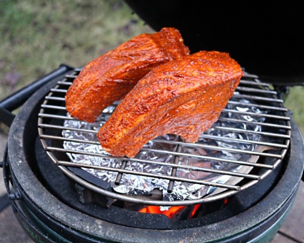 Marinted Peruvian pork chops ready to cook on a Big Green Egg