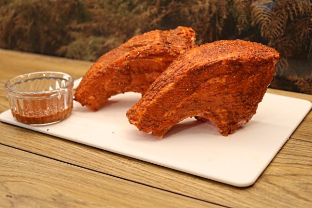 Double-cut pork chops marinated and ready to cook