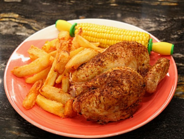 Triple cooked duck fat chips with roast chicken