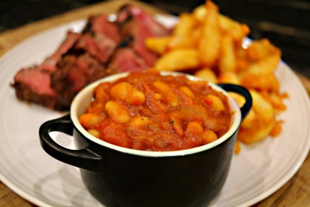 Smokey bourbon baked beans in a ramekin
