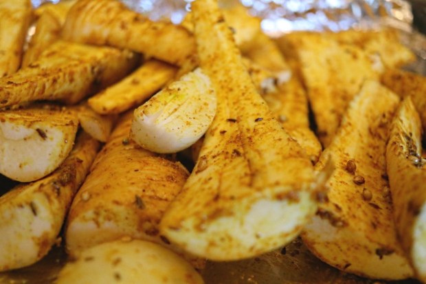 Parsnips and onion ready to roast