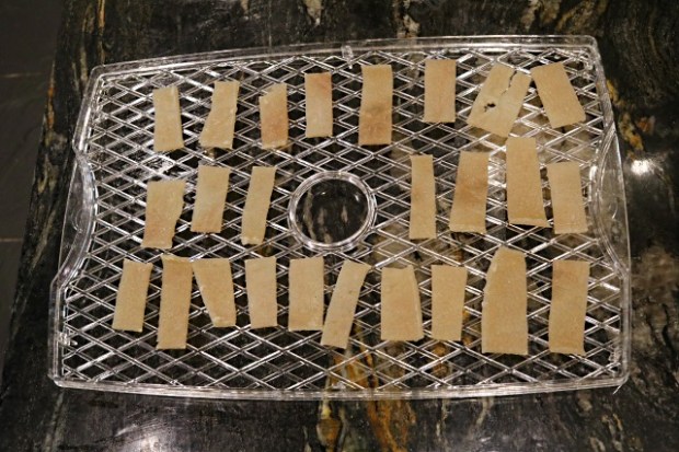 Pork skin sliced and ready to be dehydrated