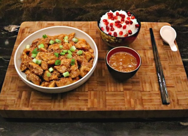 Vietnamese orange chicken with lemongrass, rice and dipping sauce