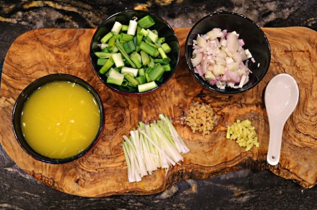 Orange juice, chopped spring onion, shallot, ginger and lemongrass