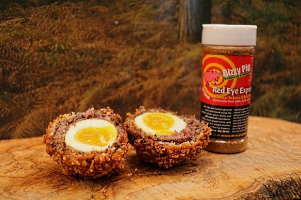 Scotch eggs cut and ready to eat