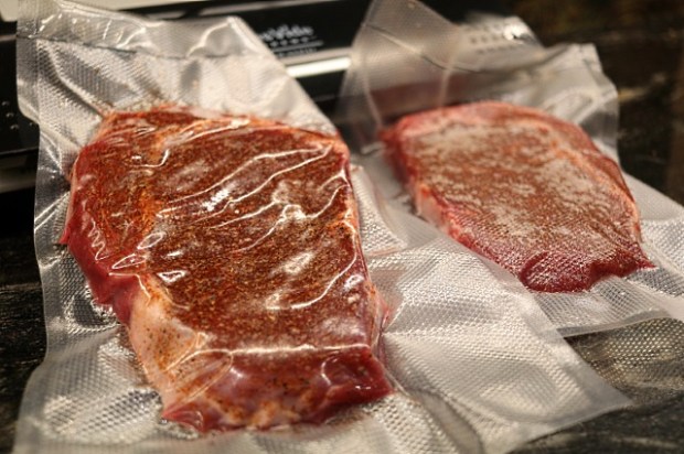 Steaks rubbed with Dizzy Pig Cow Lick ready to be cooked sous vide