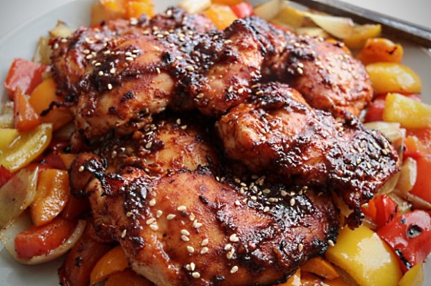 Ancho chili paste and hoisin sauce chicken thighs