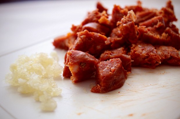 Garlic and chorizo chopped and ready to cook