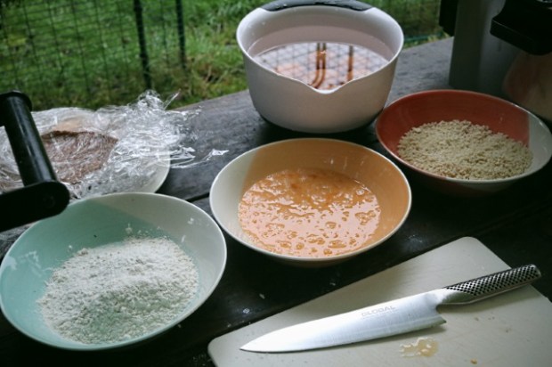 Three bowls with flour, beaten eggs and panko breadcrumbs