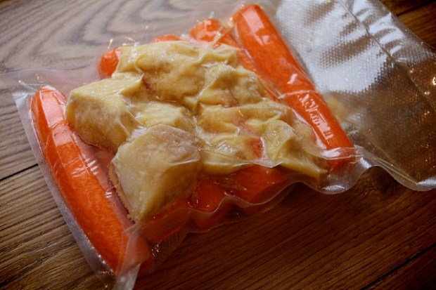 Vacuum sealed carrots with frozen sauce