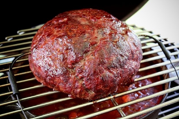 Cooked ball of meat suspended over the chili