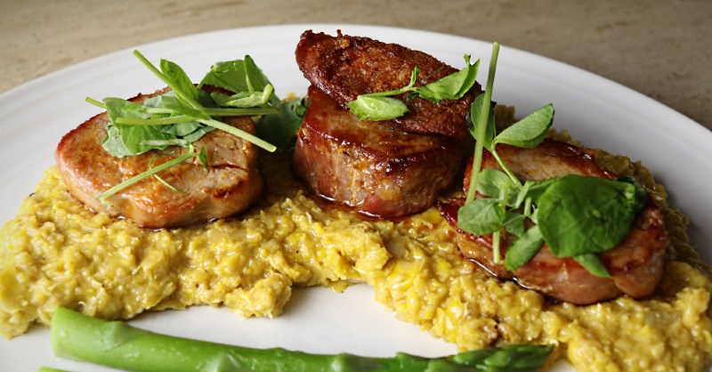 Seared pork and chorizo with sweetcorn puree