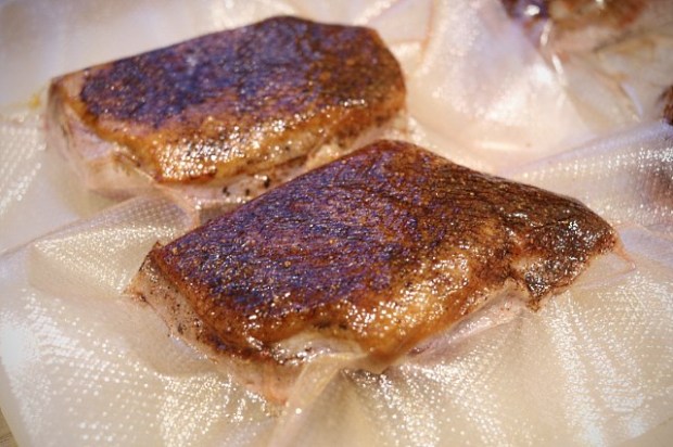 Two duck breasts rubbed and ready for sous vide cooking