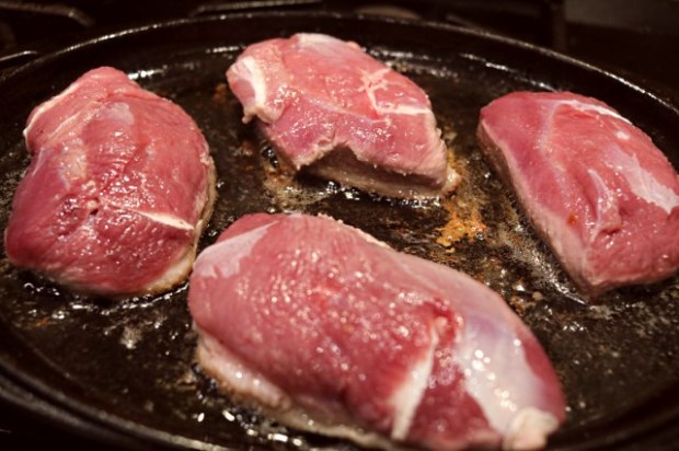 Duck breasts frying and rendering fat