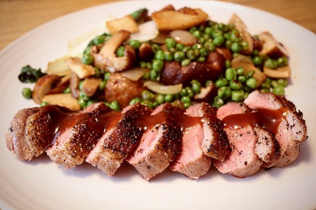 Sous vide Asian duck breast with stir fried vegetables