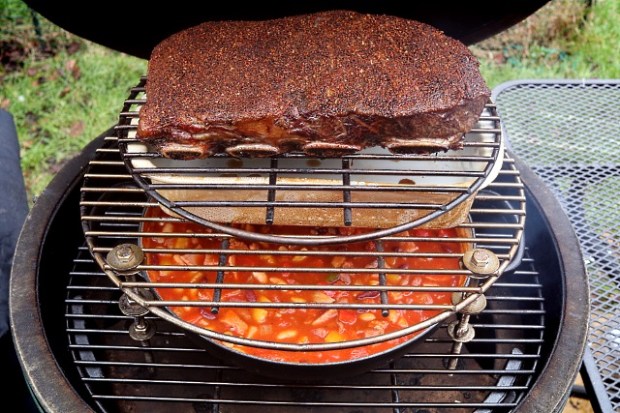 Cooking smokey chipotle beans with smoked short ribs