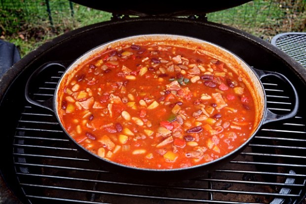 Smokey chipotle beans cooking in the Big Green Egg