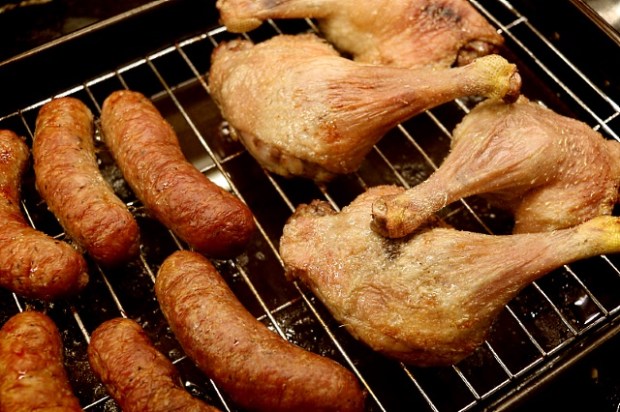 Sausages and duck legs cooked and ready for the cassoulet
