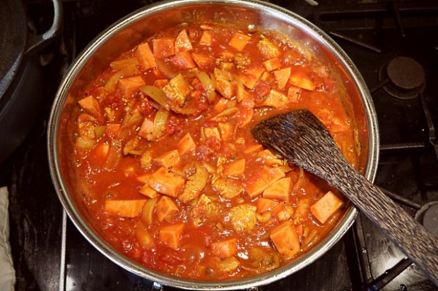 Simmering after adding tomatoes and coconut ingredients