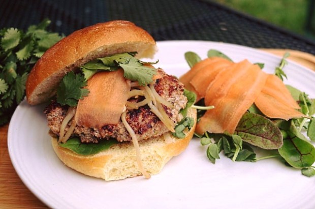 Vietnamese pork and lemongrass burger with salad