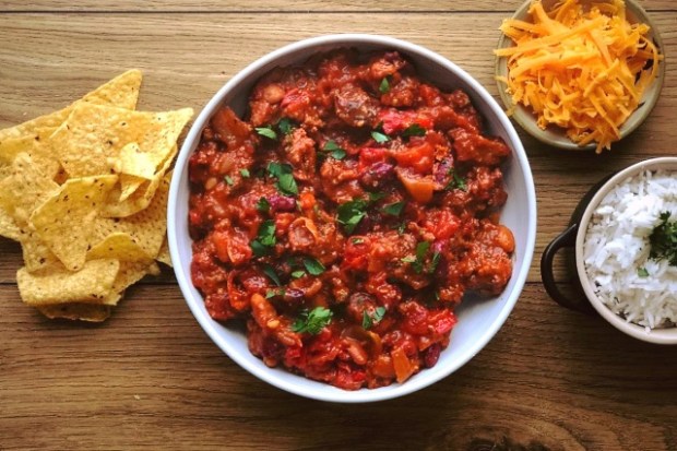 Buffalo chili with roasted tomatoes served