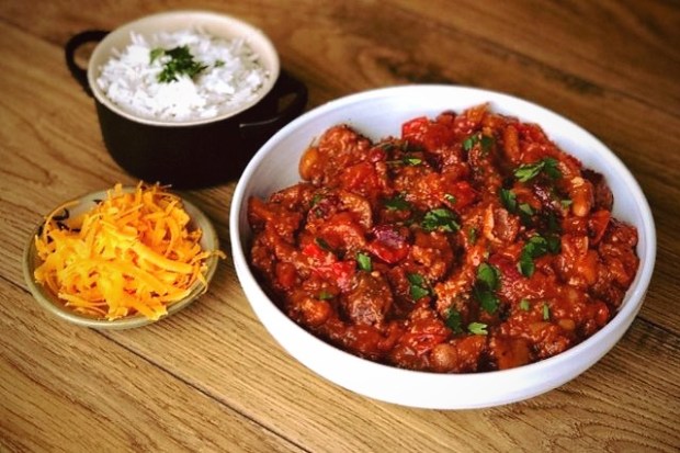 Buffalo chili served with rice and smoked cheese