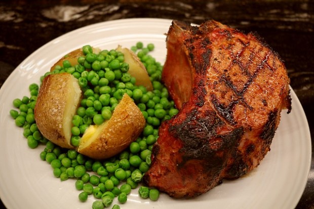 Double cut glazed pork chop with vegetables