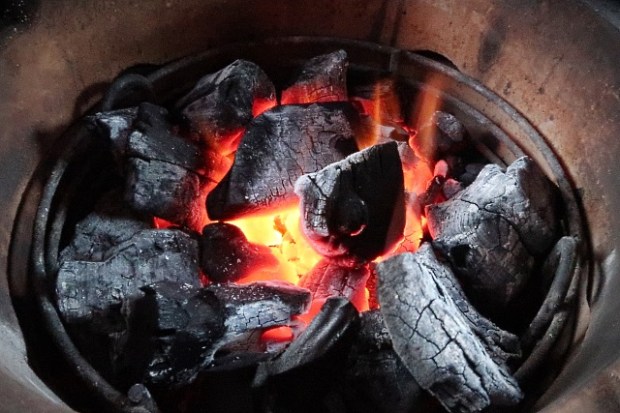 Charcoal hot and ready to cook the pork