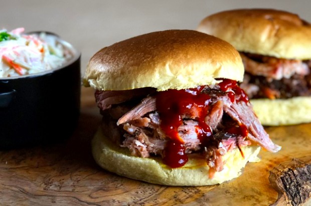 Pulled pork with BBQ sauce in a brioche bun