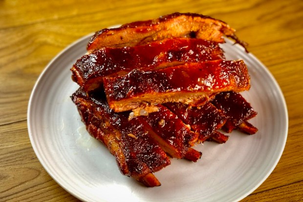 Peach smoked and glazed St. Louis ribs served