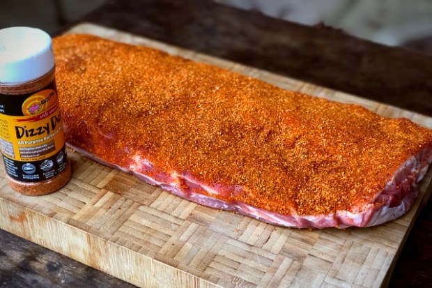Rack of St. Louis ribs rubbed with Dizzy Dust