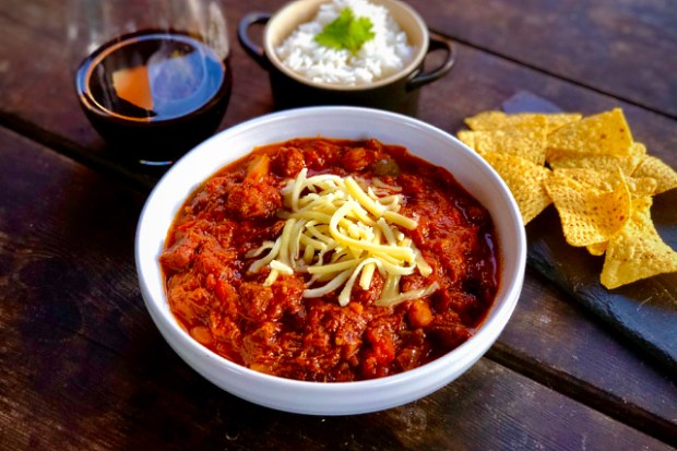 Alder smoked brisket chilli served with rice, tortilla chips and a 2009 Pomerol