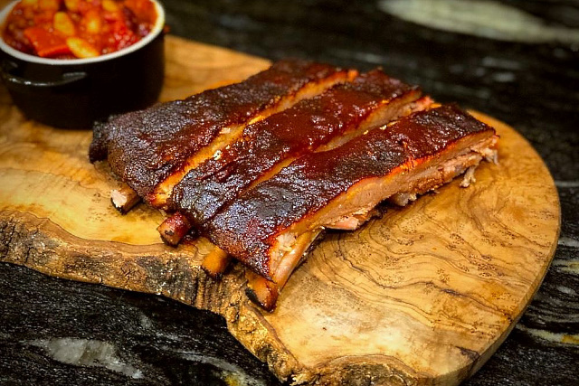 Mexican BBQ ribs served with smokey chipotle beans