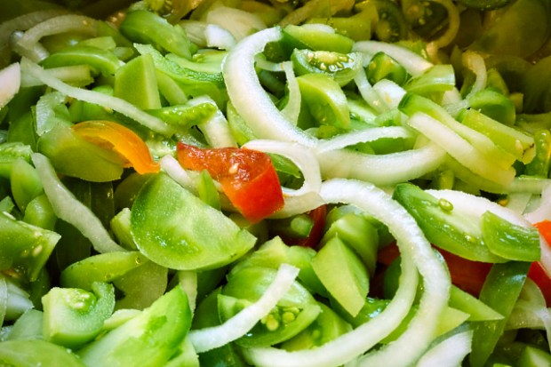 One red tomato snuck in along with the onions