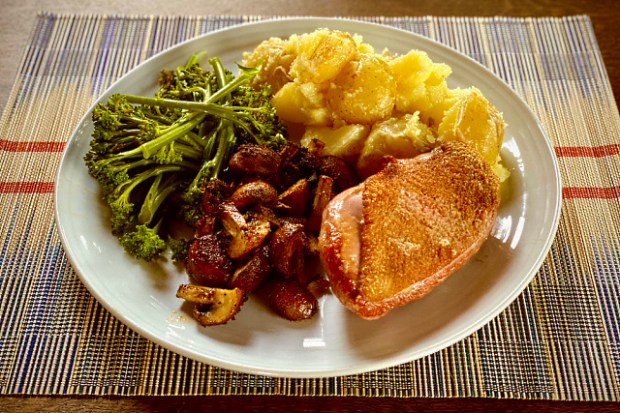 Pan seared duck and mushrooms served with vegetables